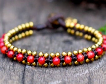 Coral Bead Brass Bracelet