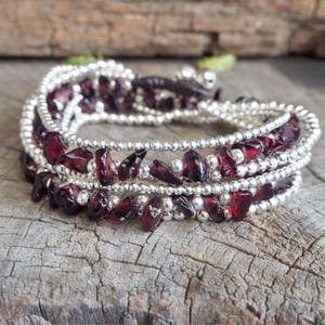 Garnet Triple Silver Chain Wrap Bracelet/Short Necklace, Multi Stone Choker