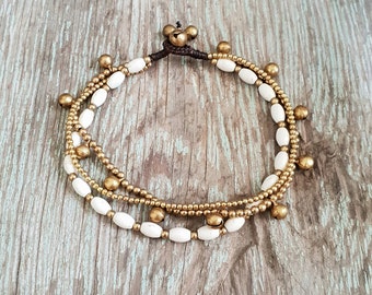 Sweet White Turquoise Oval Brass Chain Anklet, Hippie Women Bracelet, For Her