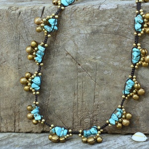 Turquoise Stone Brass Bells Women Necklace