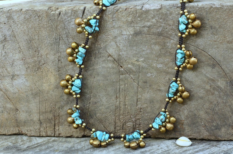 Turquoise Stone Brass Bells Women Necklace image 1