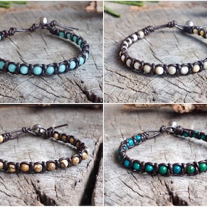 Gemstone Braided Dark Brown Leather Unisex Bracelet- Beaded Leather Anklet, Leather for mens, For Her, Mens Bracelet
