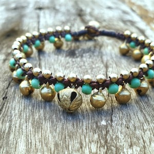 Green Turquoise Brass Bells Bracelet, Women Brass Bells Anklet, For Women, Gifts for Girl