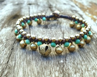 Green Turquoise Brass Bells Bracelet, Women Brass Bells Anklet, For Women, Gifts for Girl