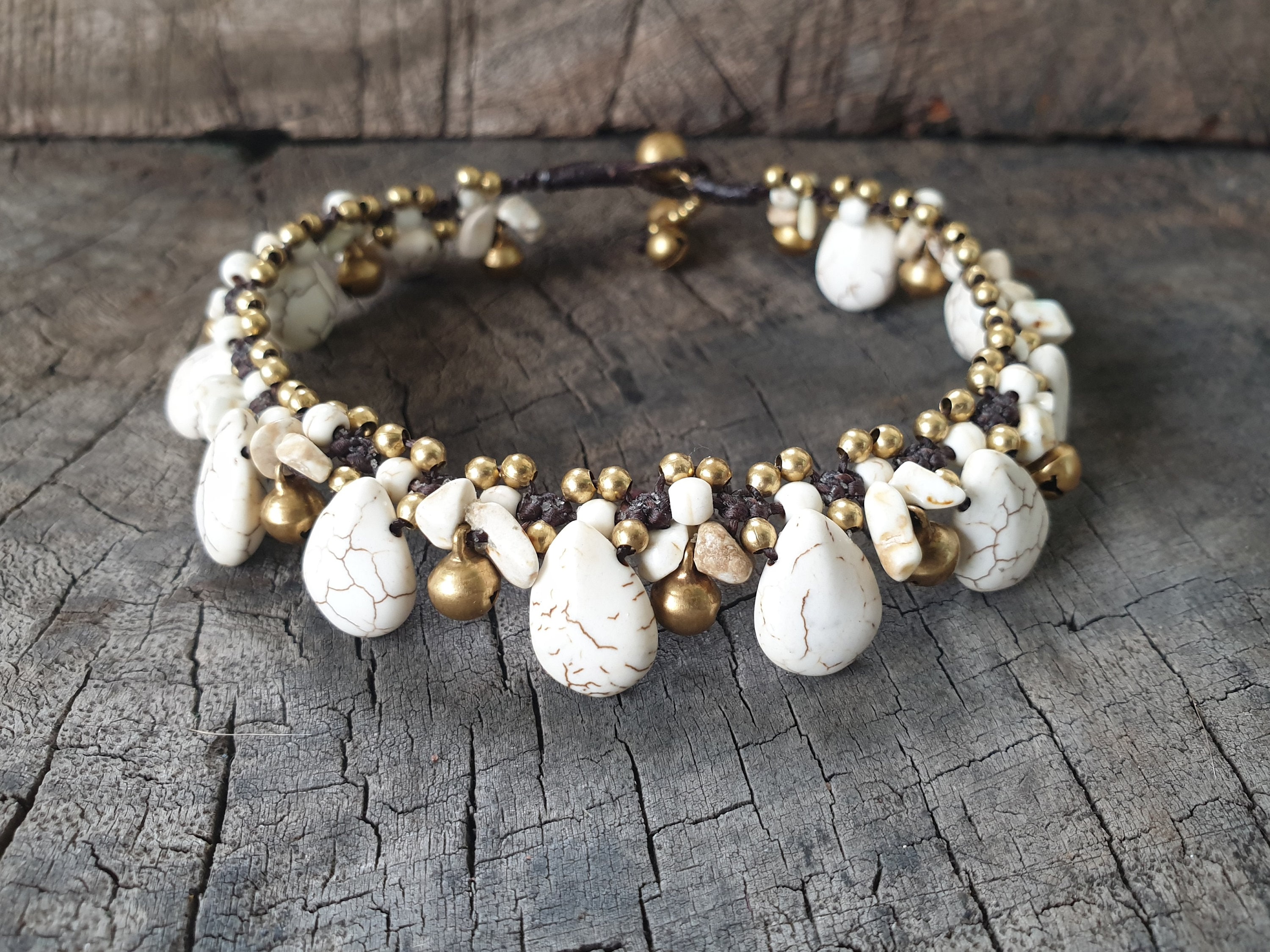 Teardrop White Turquoise Beaded Brass Bells Anklet, Women Hippie Bracelet, Wedding Anklet Gifts for Her