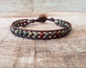 Gemstone Beaded Leather Unisex Bracelet With Coconut Button, Beaded Leather Anklet, Unisex Leather Anklet