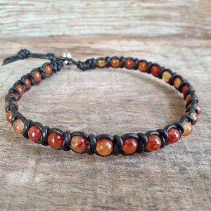 6mm Gemstone Beaded Black Leather Braided Unisex Bracelet- Braided Leather Anklet