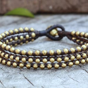 Triple Brass Beaded Waxed Cord Unisex Bracelet or Anklet image 1