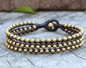 Triple Brass Beaded Waxed Cord Unisex Bracelet or Anklet