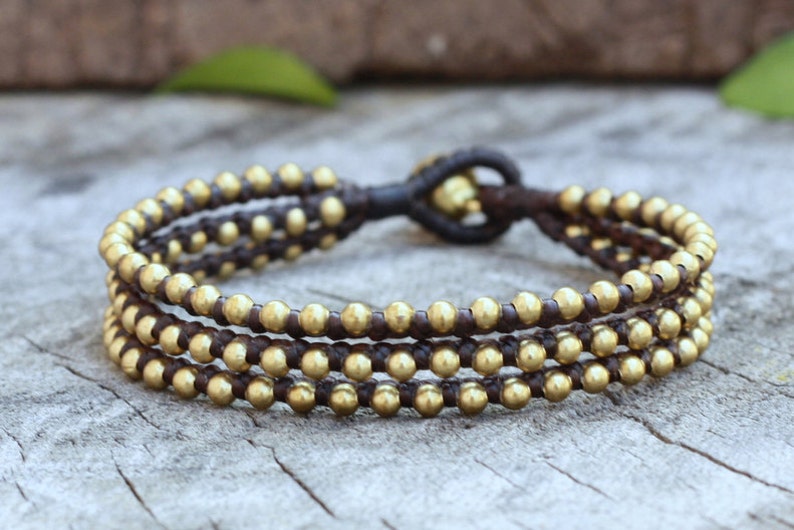 Triple Brass Beaded Waxed Cord Unisex Bracelet or Anklet image 1