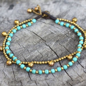 Turquoise Double Chains Brass Bead Ankle Bracelet