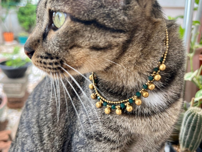 Crystal Beaded Brass Bells Chain Cat Collar, Pet Collar With Bells, Cute Cat Collar image 1
