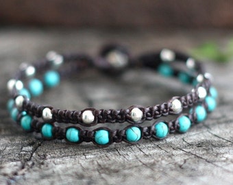 Hippie Double Turquoise Silver Unisex Bracelet , Mens Anklet, Mens Bracelet, For Her