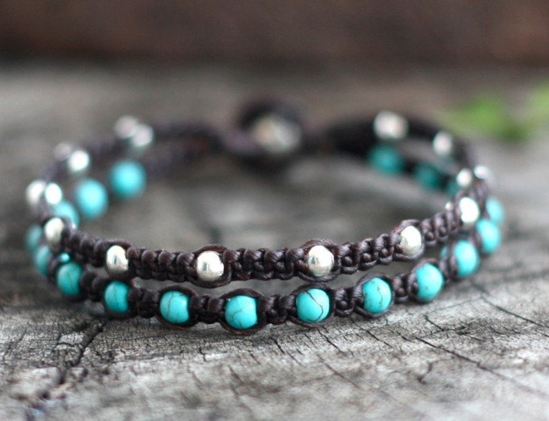 Hippie Double Turquoise Silver Unisex Bracelet , Mens Anklet, Mens Bracelet, For Her image 1