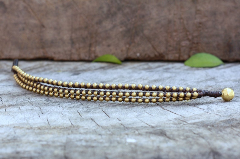 Triple Brass Beaded Waxed Cord Unisex Bracelet