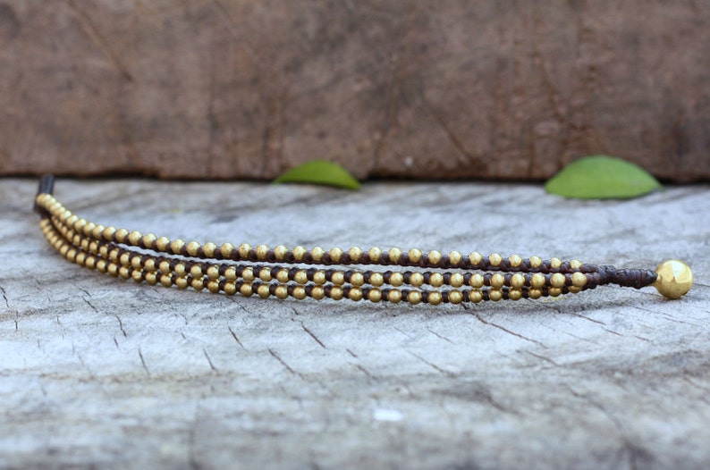 Triple Brass Beaded Waxed Cord Unisex Bracelet or Anklet image 4