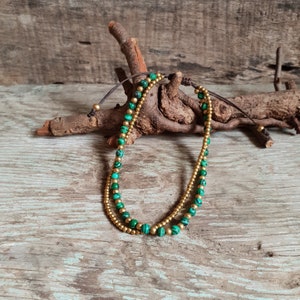 Malachit Perlen Doppelketten Messing Fußkettchen, Hippie-Fußkettchen, Für Sie, Strand-Fußkettchen