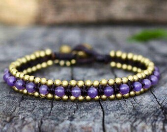Amethyst Bead Brass Bracelet