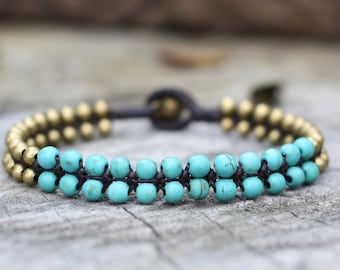 Turquoise Brass Beaded Bracelet, Simple Bracelet, Mens Anklet, For Her