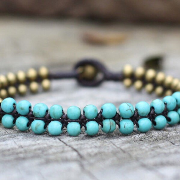 Turquoise Brass Beaded Bracelet, Simple Bracelet, Mens Anklet, For Her