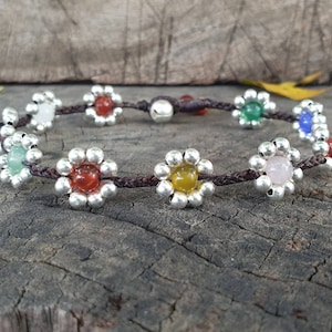 Mix Agate Flower Braided Silver Anklet, Sweet Anklet, For Her, Women Anklet, Hippie Women Anklet- 6mm beaded