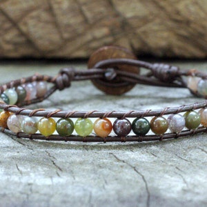 Gemstones Beaded Leather Unisex Bracelet, Beaded Leather Anklet, Mens Bracelet, For Her