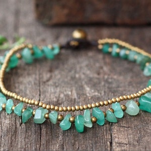 Jade Aventurine Chips Stone Brass Chain Anklet, Hippie Bracelet
