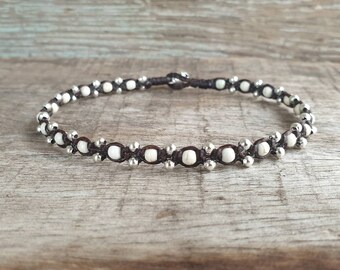 White Turquoise Silver Cute Anklet, Beaded Bracelet, For Her, Women Anklet
