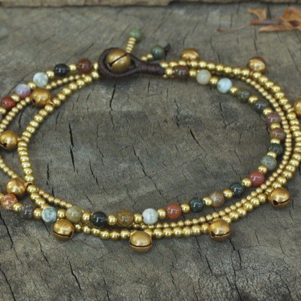 Sweet Fancy Jasper Beads Brass Bells Women Anklet Bracelet, For Her, Gifts For Girls