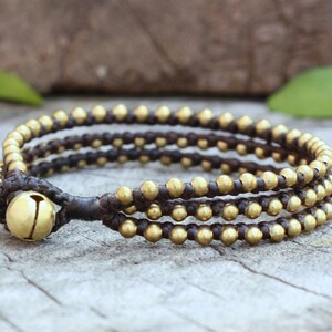 Triple Brass Beaded Waxed Cord Unisex Bracelet or Anklet image 2