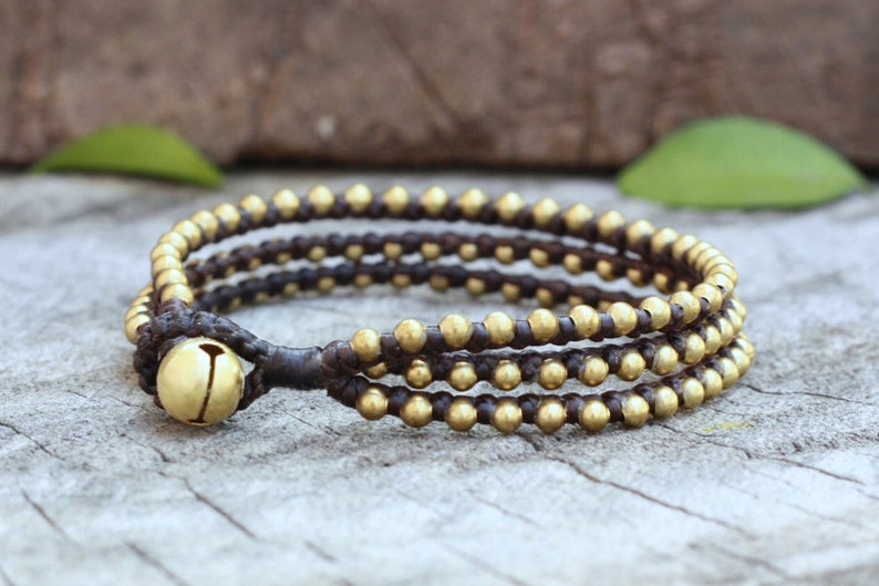 Triple Brass Beaded Waxed Cord Unisex Bracelet