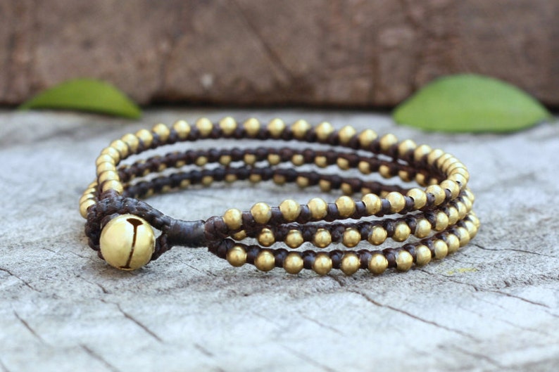 Triple Brass Beaded Waxed Cord Unisex Bracelet or Anklet image 2