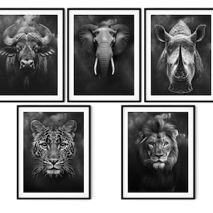 African big5, Ritratto in bianco e nero, Stampa su tela incorniciata, Fotografia naturalistica, 5 foto, Decorazione da parete per la casa