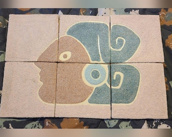 Placa de pared vintage de arte en arena de 6 paneles estilo MCM con diseño tribal de inspiración maya/azteca.