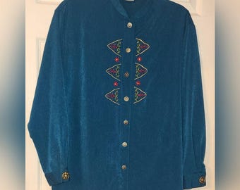 G.W Graff Womens Blue Floral Embroidered Button Down Shirt Petite Medium