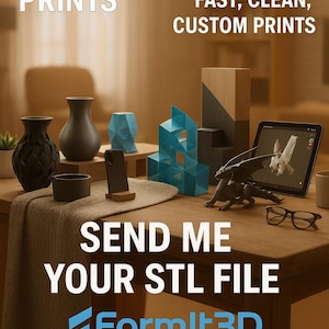 May include: A wooden table displays various 3D-printed objects, including vases, geometric shapes, and a dragon figurine. The text "CUSTOM PRINTS" and "SEND ME YOUR STL FILE" are visible. The FormIt3D logo is also present.