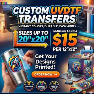 Puede incluir: Transferencias UV DTF personalizadas con gráficos de cohetes y engranajes. El texto incluye CUSTOM UVDTF TRANSFERS, SIZES UP TO 50,8 cm x 50,8 cm, STARTING AT ONLY 15 $ PER 30,5 cm x 30,5 cm y Get Your Designs Printed. Incluye un vaso de acero.