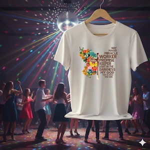 Way Maker Shirt with QR Code | Miracle Worker Promise Keeper Christian T-Shirt | Floral Cross Worship Tee | Interactive Gospel Music Shirt