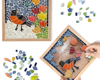 Rotkehlchen mit Tulpen Blumen-Mosaik-Kit: Keramikfliesen-Kunsthandwerk für Erwachsene und Kinder