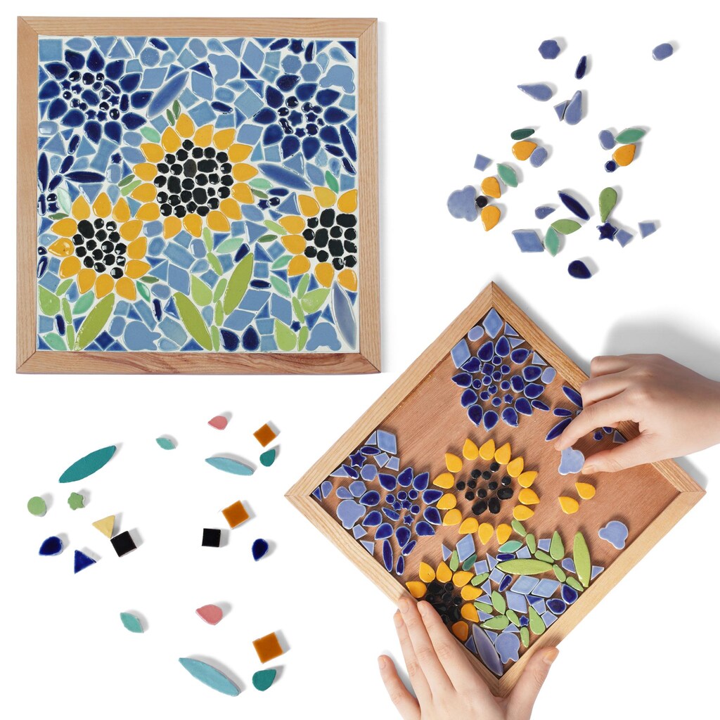 Set Creativo Fai Da Te Di 4 Sottobicchieri In Legno A Mosaico – Rotondi Ed Esagonali Con Pietre Colorate