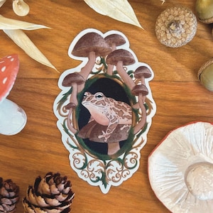 Framed Mushroom Frog Sticker: Cottagecore Nature Waterproof Sticker