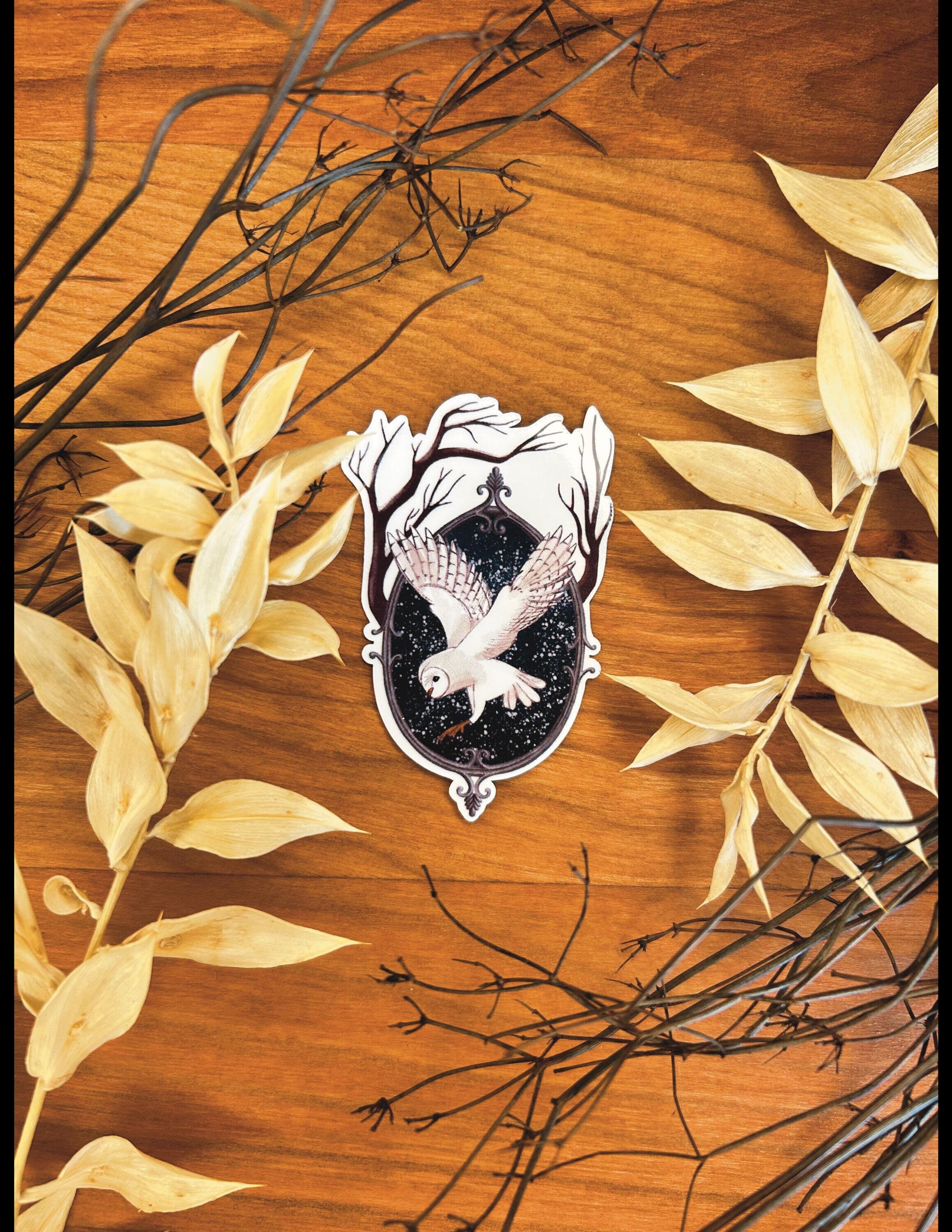 waterproof vinyl sticker - Framed Snowy Owl - winter, nature, whimsical