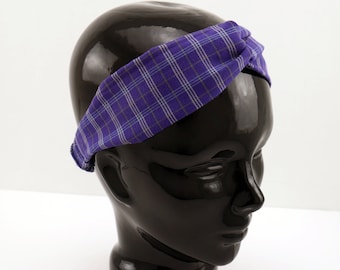 Purple plaid print headband - turban style elastic back