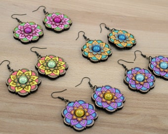 Spring Colors Flower Mandala Wood Earrings - Hand painted Design - Shiny beaded centers