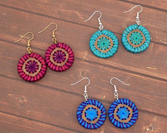 Unique Embroidered Round Wood Earrings - Vibrant Assorted Colors, Statement Jewelry