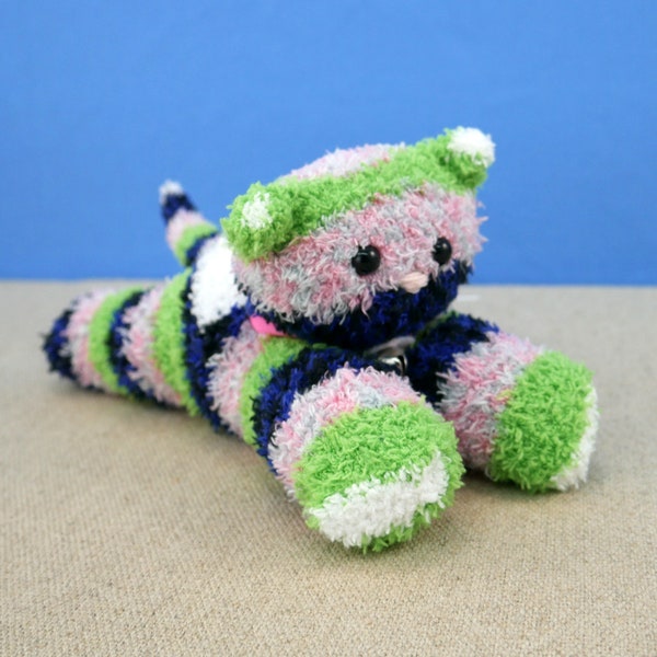 Soft and cuddly plush cat - Sock kitty - Green/Blue/Multi Stripe Kitty