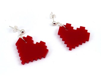 Pixel Hearts Dangle Earrings - Pick Red or Clear Holographic  - Retro Gamer Fashion
