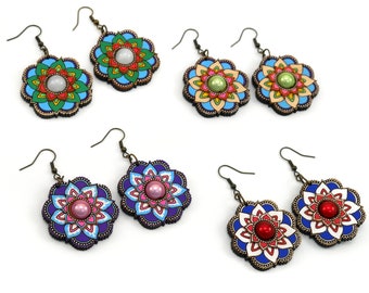 Flower Mandala Wood Earrings - Hand painted Design - Shiny beaded centers