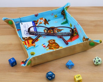 Beachy  "Summer Sloths" Fabric Snap Tray for Organizing - Perfect for Dice Rolling, Valet, Jewelry, or Trinket Storage