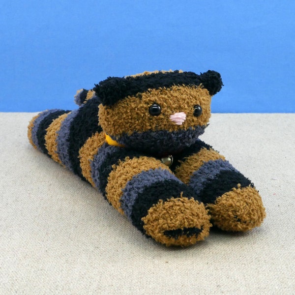 Soft and cuddly plush cat - Sock kitty - Black/Brown/Grey Striped Kitty